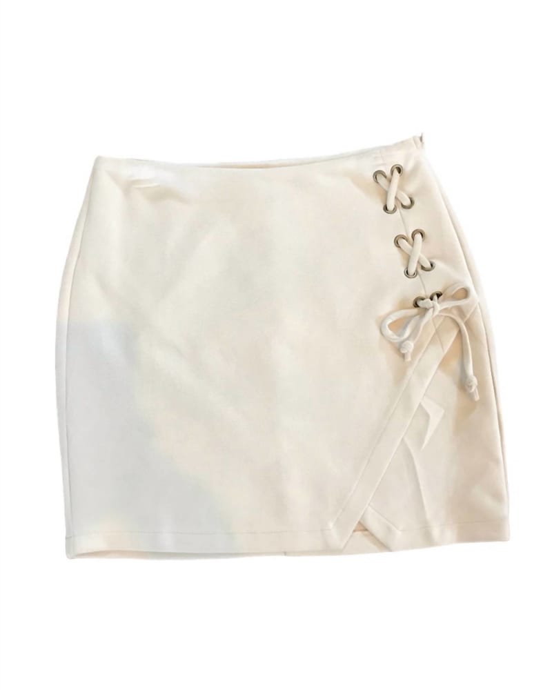 Front of a size L Lace Up Ultra Suede Mini Skirt in Ecru in Ecru by Hem & Thread. | dia_product_style_image_id:339062